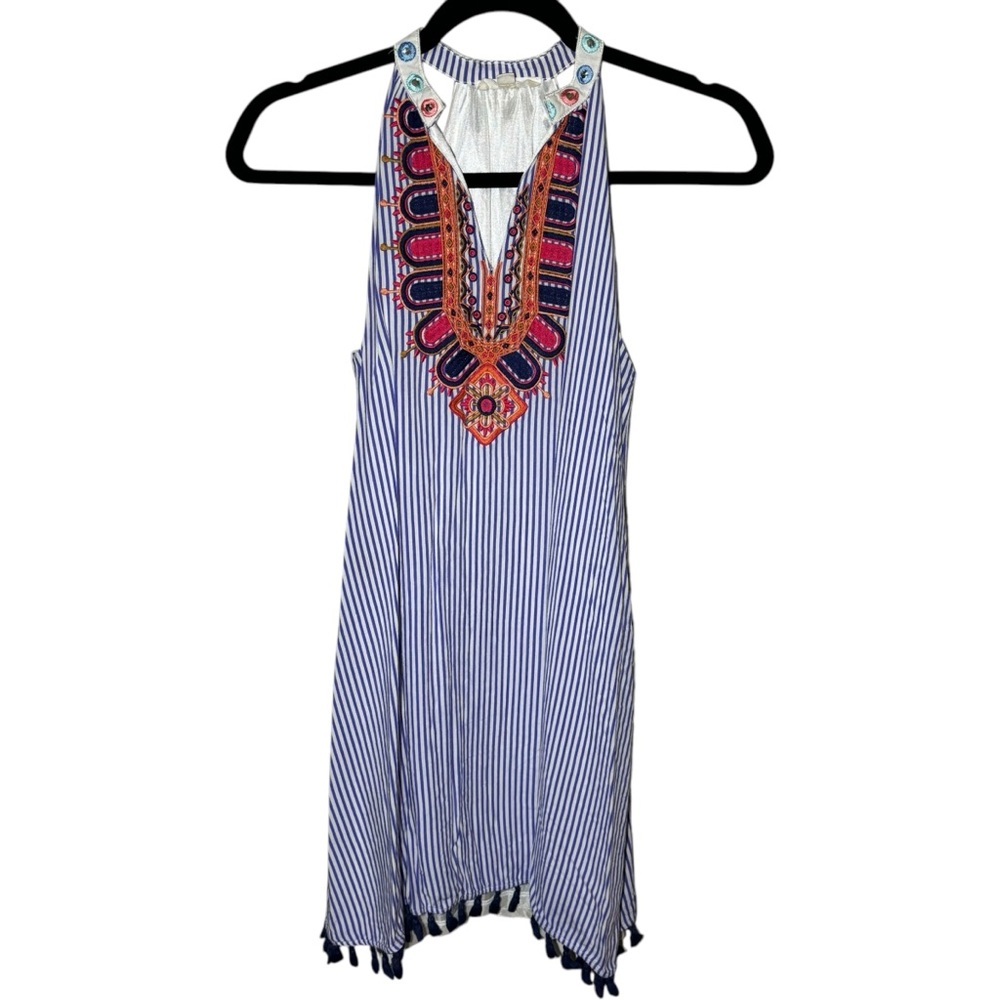 THML Women's XS Blue White Striped Mini Dress Embroidered Neckline Tassels